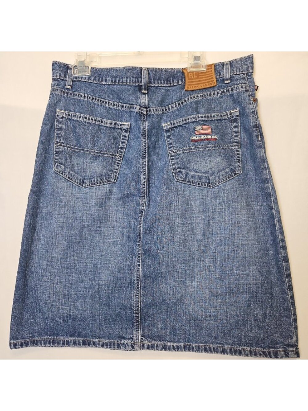Vtg Polo Jeans Ralph Lauren Denim Knee Skirt Sz 14 Modest Y2K Flag Cotton Pocket